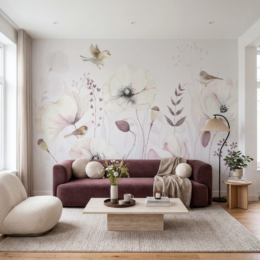 Schilderij van bloemen en vogels — interieur 1