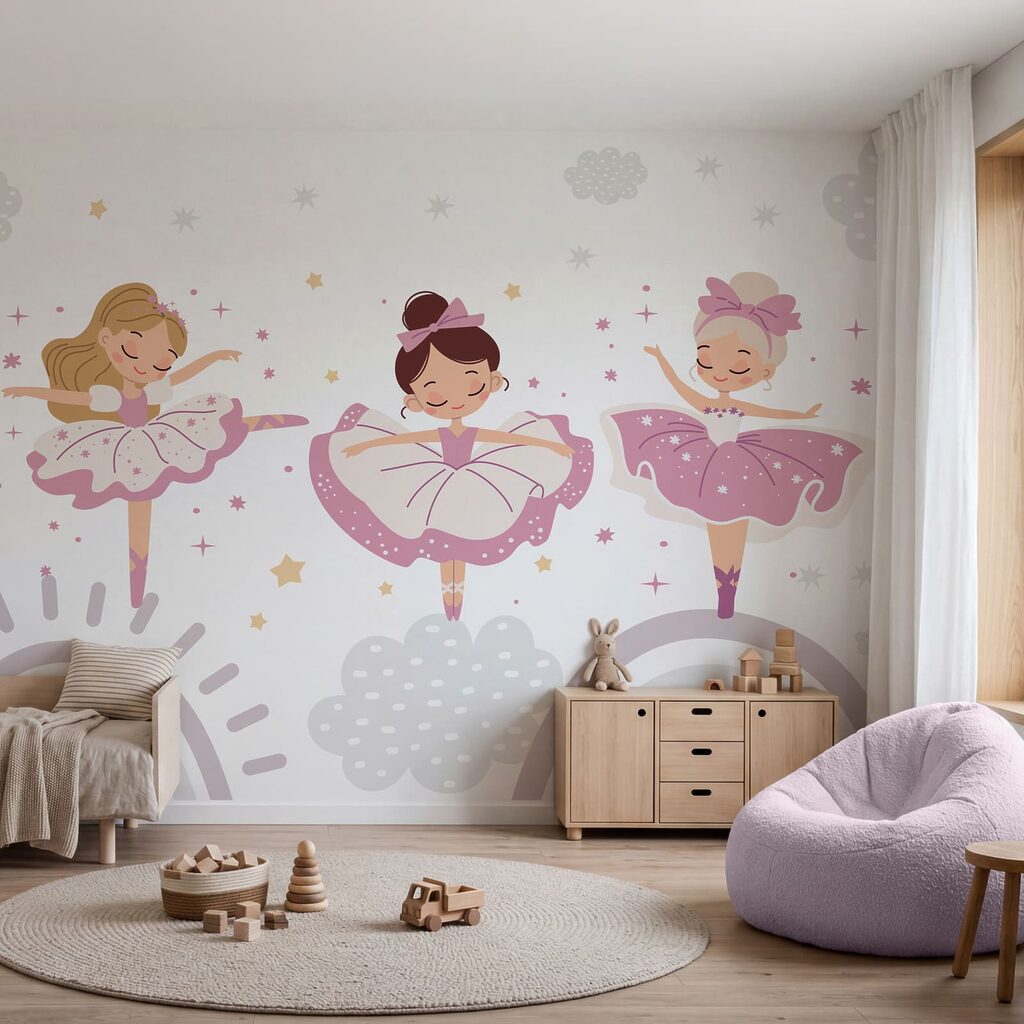 Een groepje meisjes in paarse tutu’s in een interieur