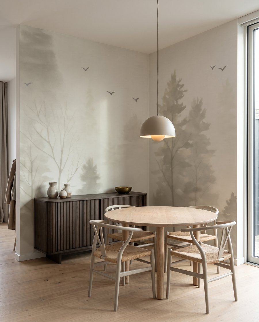 Naaldbomen in bleke mist in een interieur