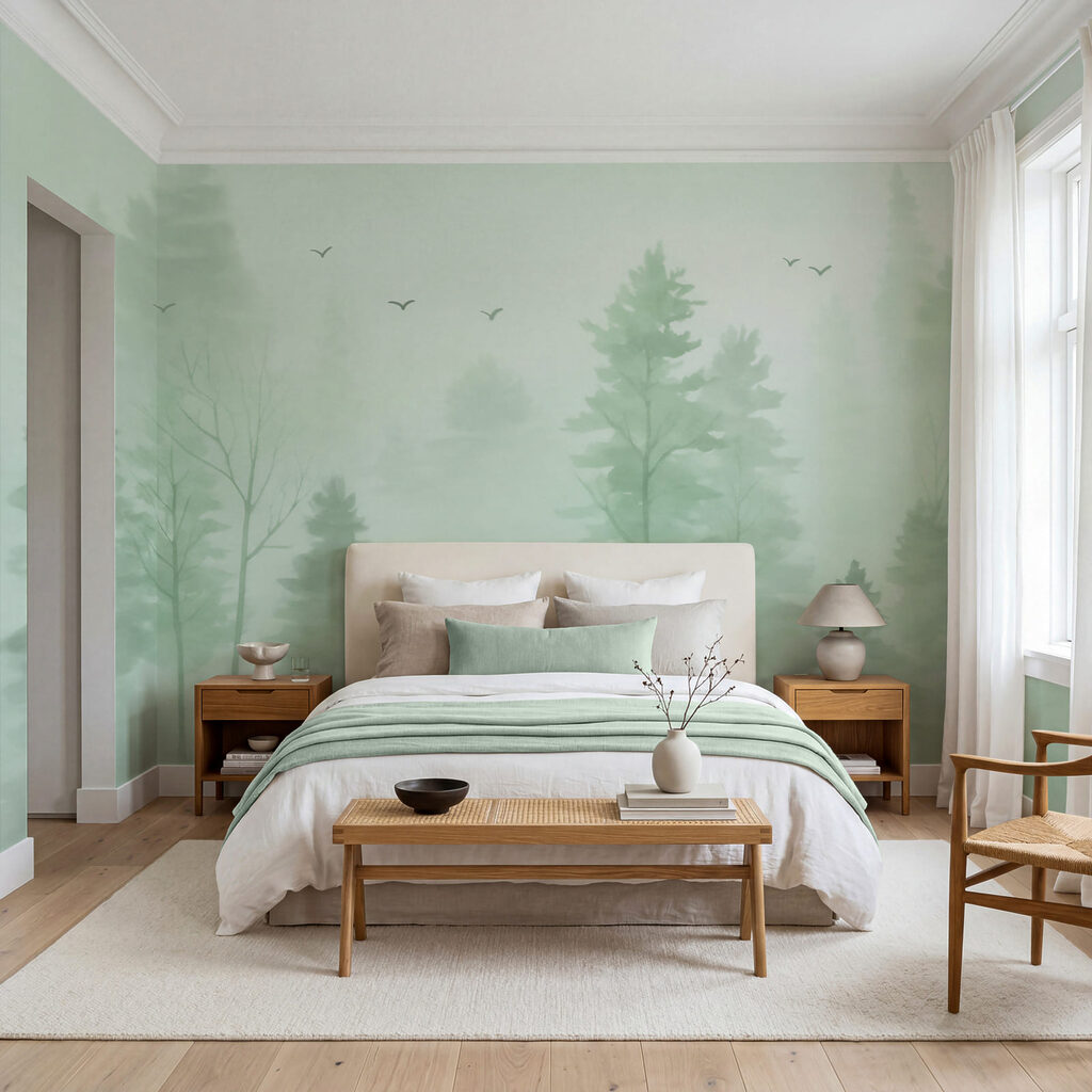 Naaldbomen in bleke mist — interieur 2