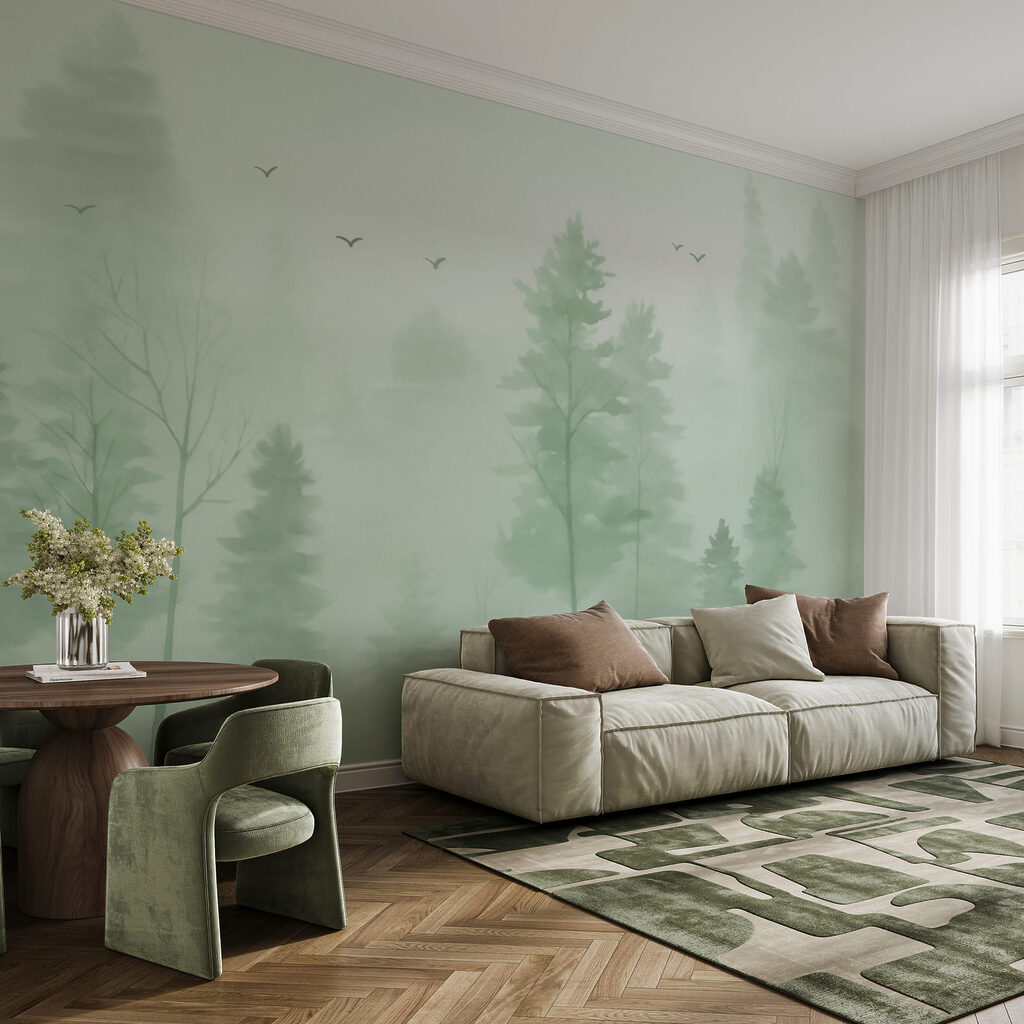 Naaldbomen in bleke mist — interieur 1