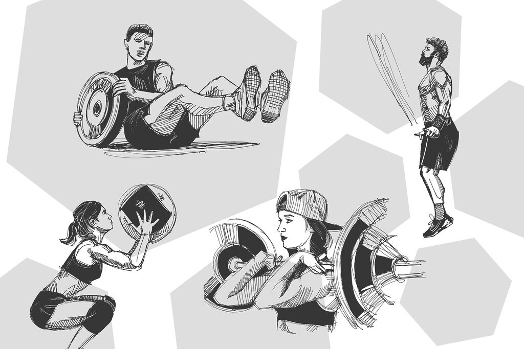 Een groep mensen die squats doet — volledig ontwerp
