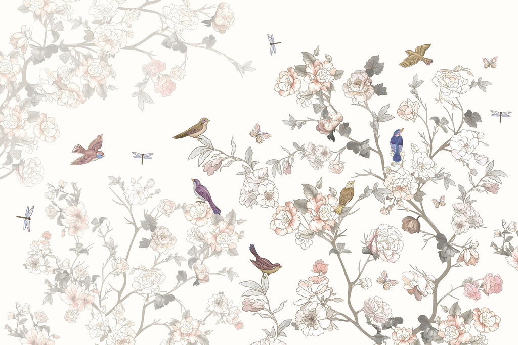 Bloemenschilderij met kleurrijke vogels — volledig ontwerp