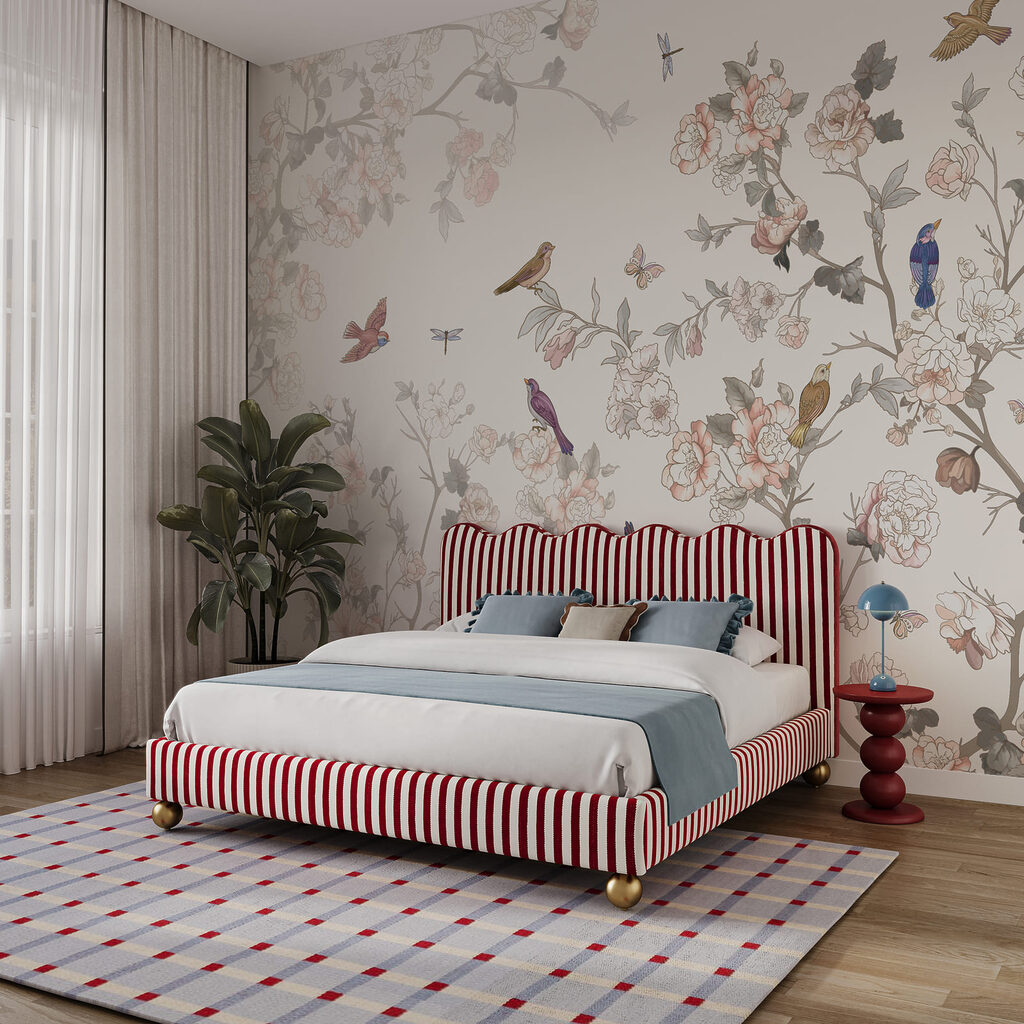 Bloemenschilderij met kleurrijke vogels in een interieur