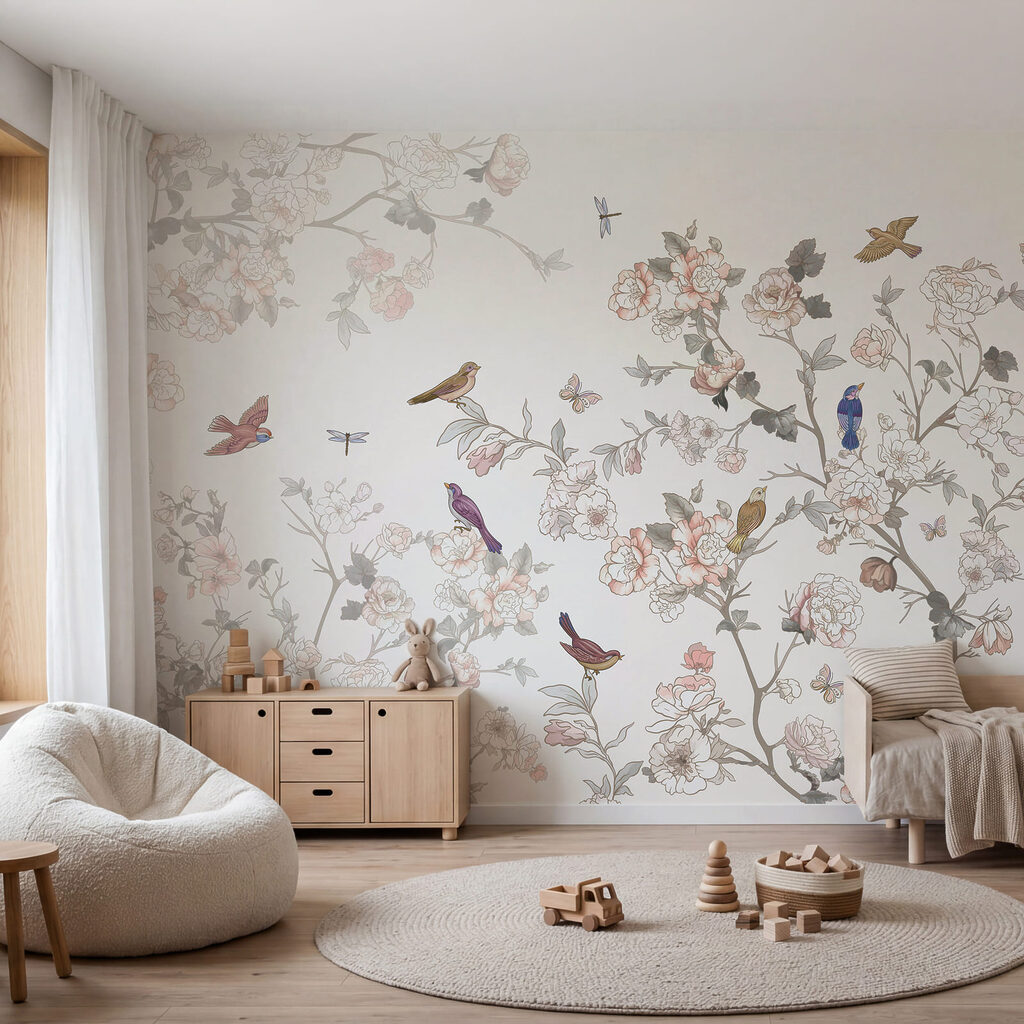 Bloemenschilderij met kleurrijke vogels — interieur 3
