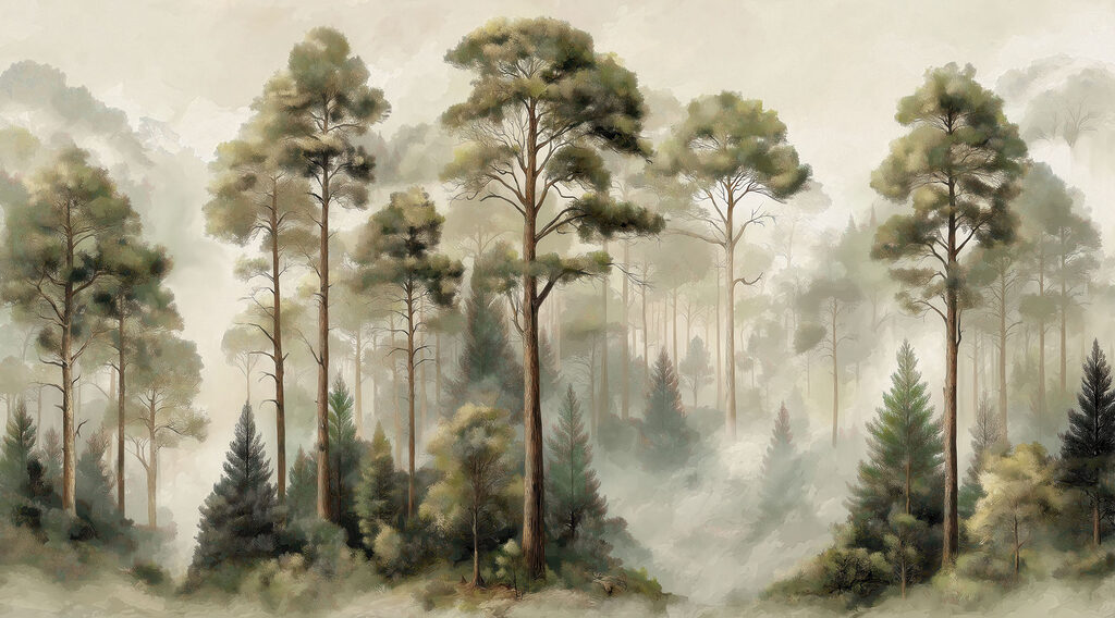Hoge bomen in ochtendgroen — volledig ontwerp