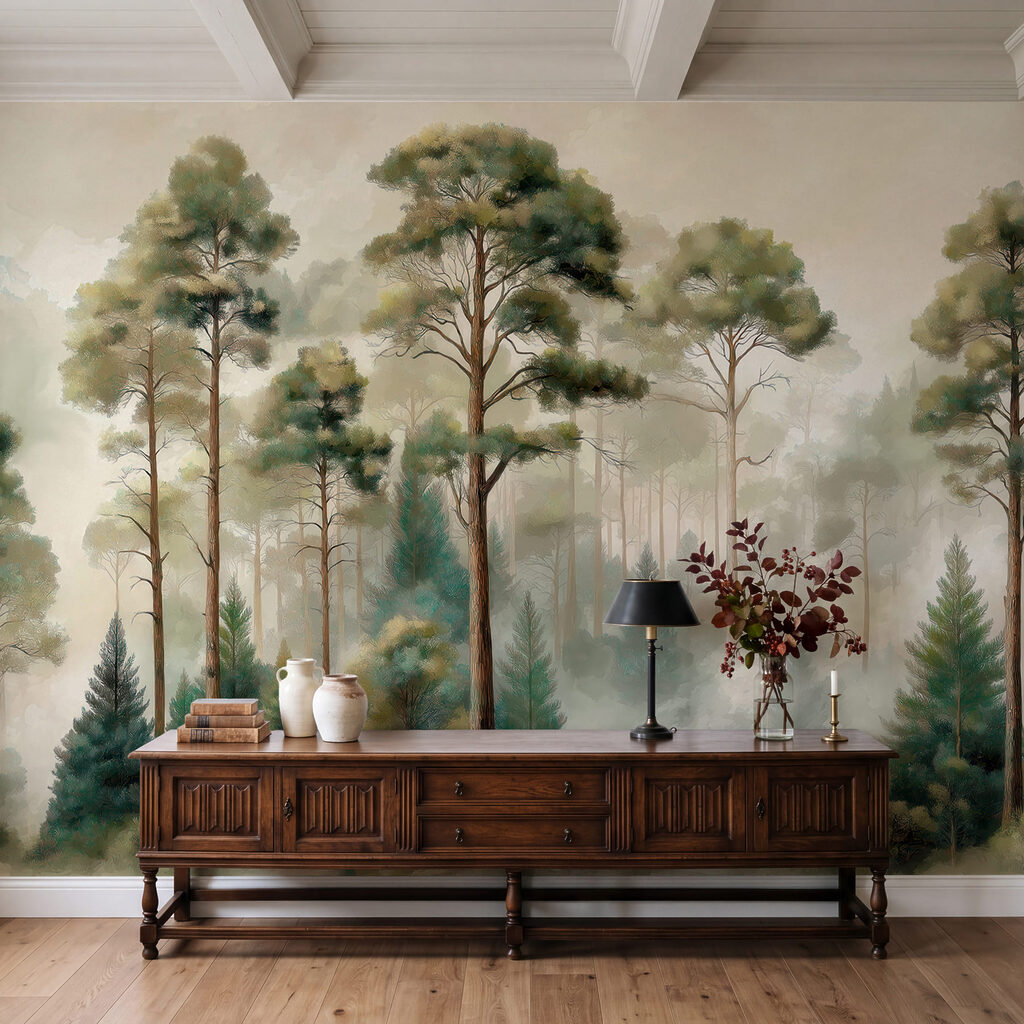 Een groep bomen in een mistig bos in een interieur