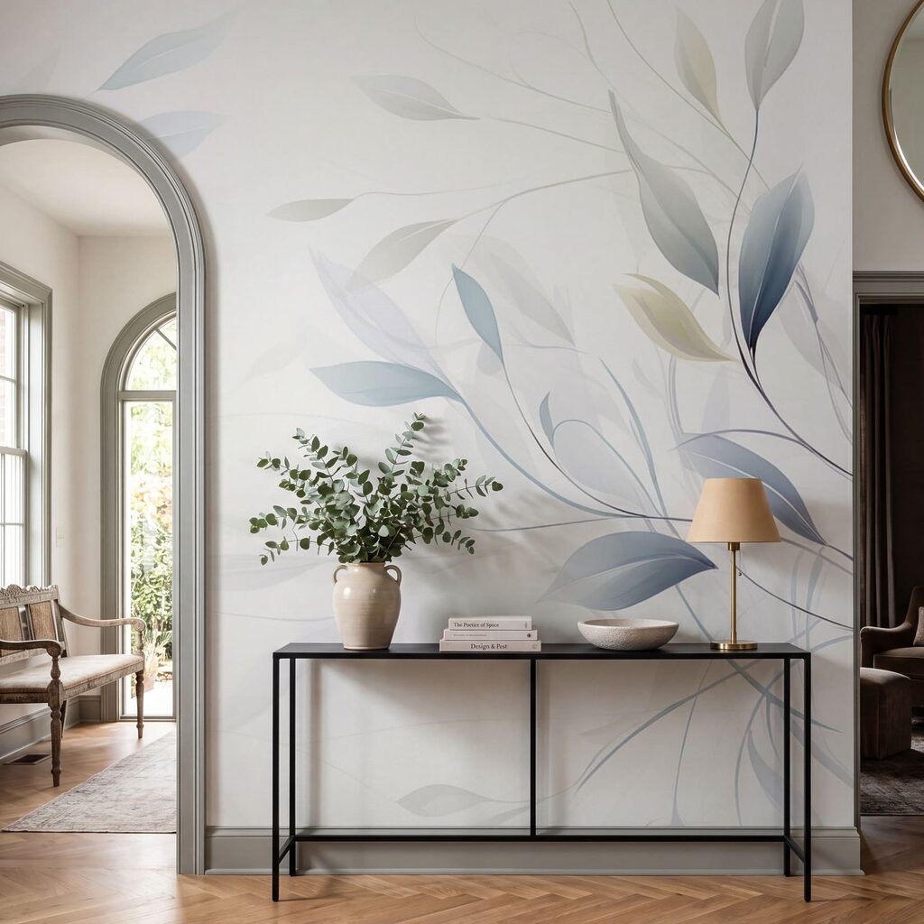Witte achtergrond met bladeren in een interieur