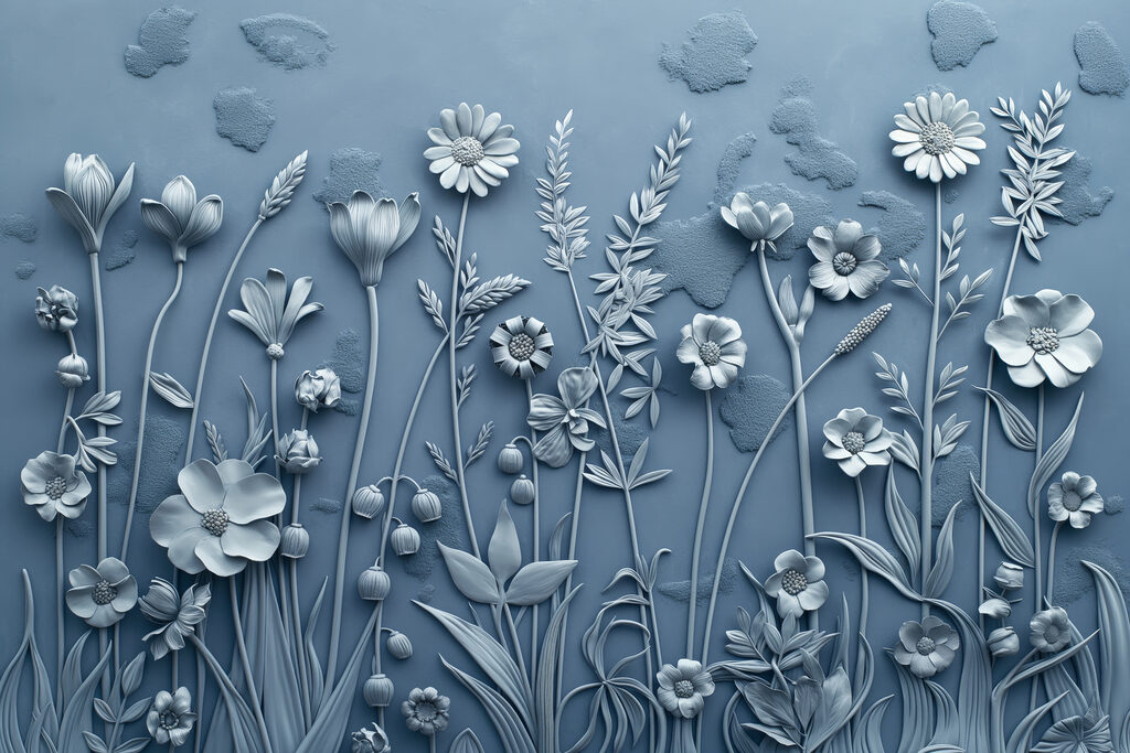 Blauwe bloemen als wandreliëf — volledig ontwerp
