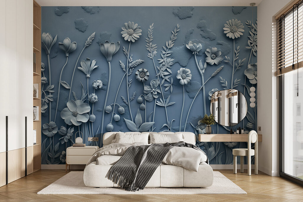 Blauwe bloemen als wandreliëf — interieur 1