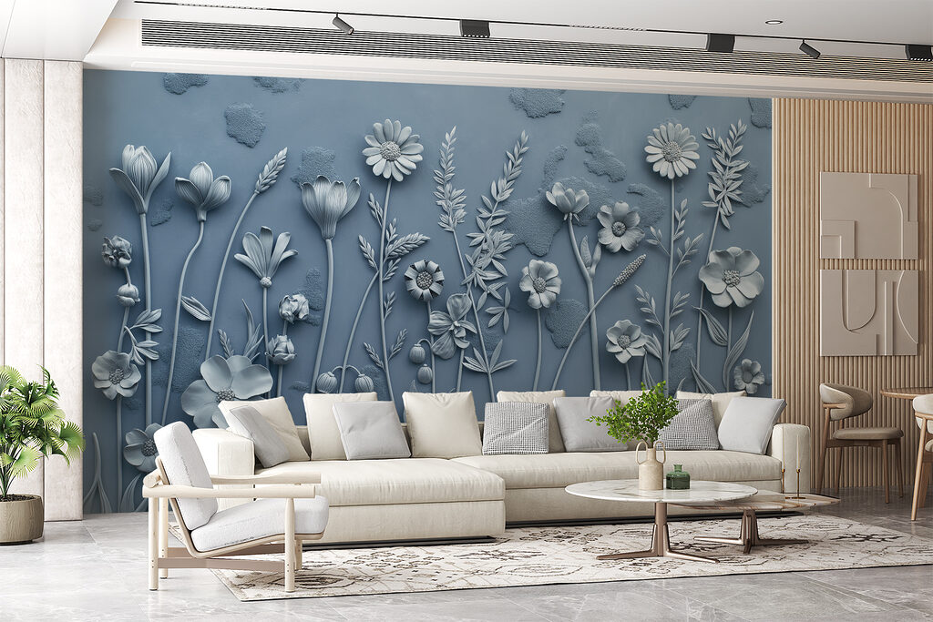 Blauwe bloemen als wandreliëf — interieur 2