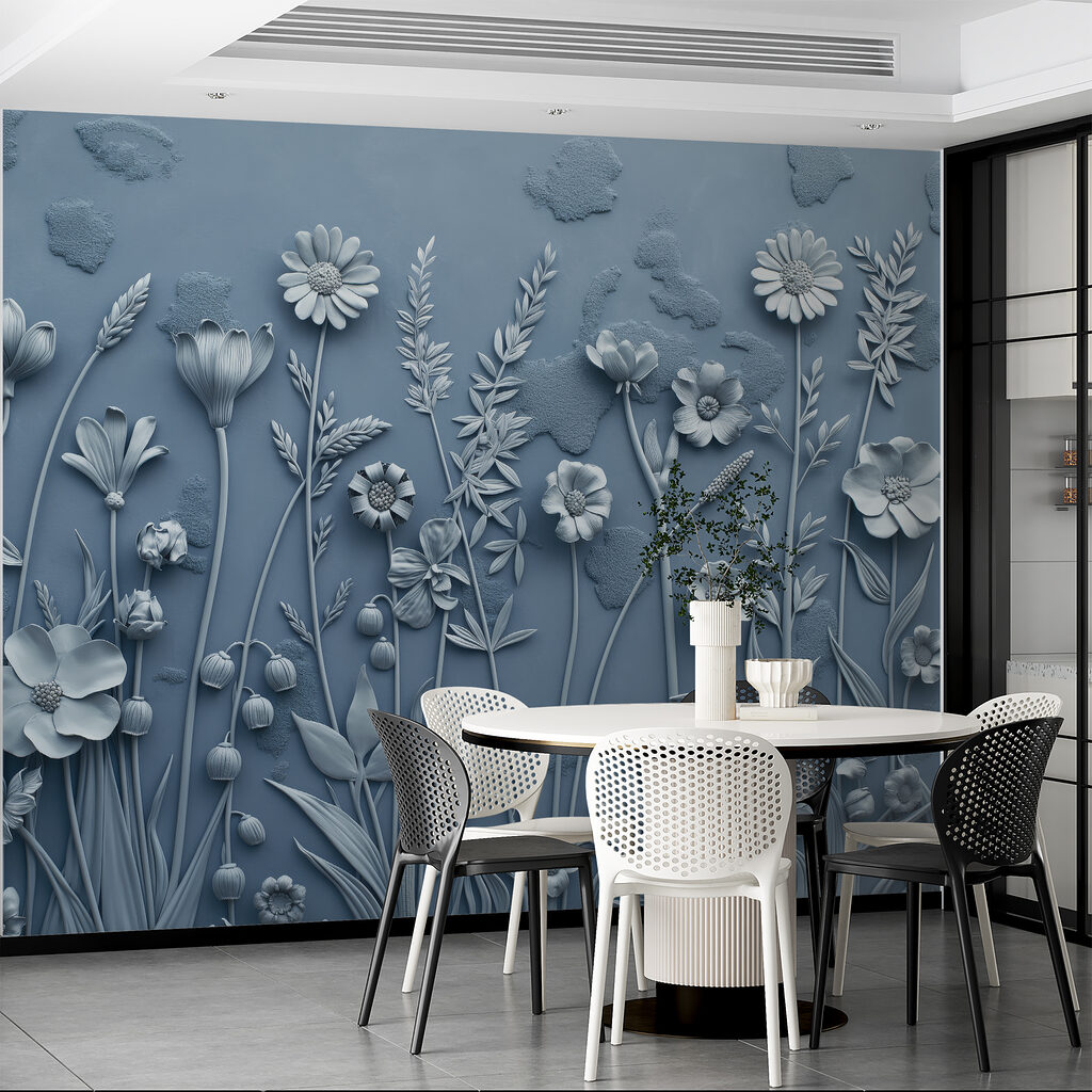Blauwe bloemen als wandreliëf — interieur 3