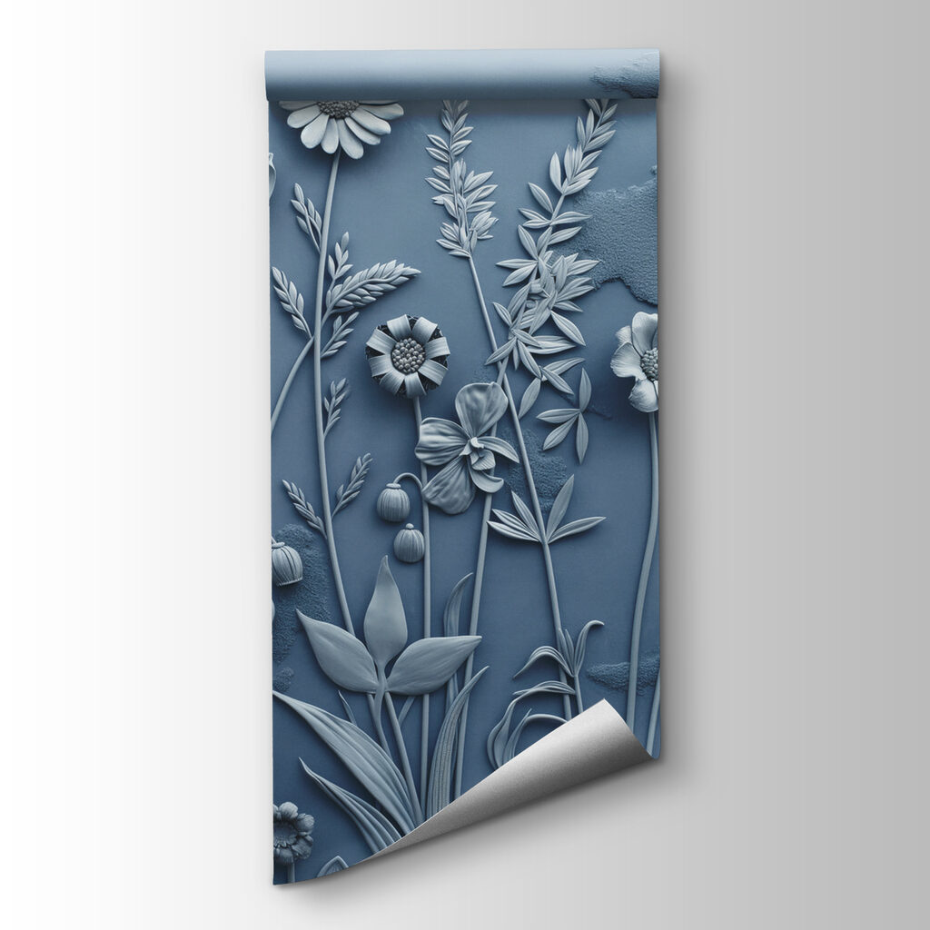 Blauwe bloemen als wandreliëf — productweergave