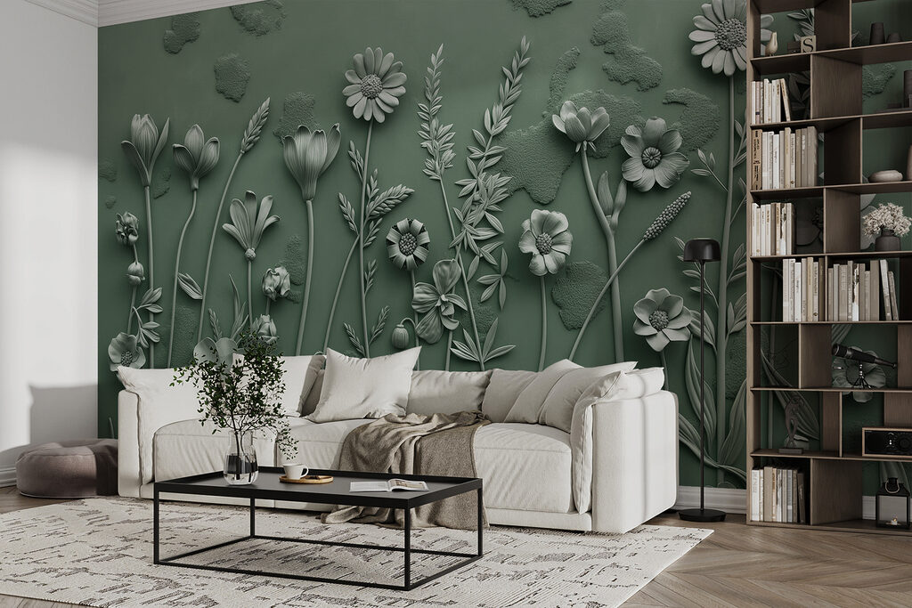 Een grijze sculptuur van bloemen en planten in een interieur