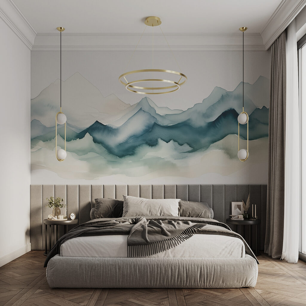 Een aquarel van bergen in een interieur