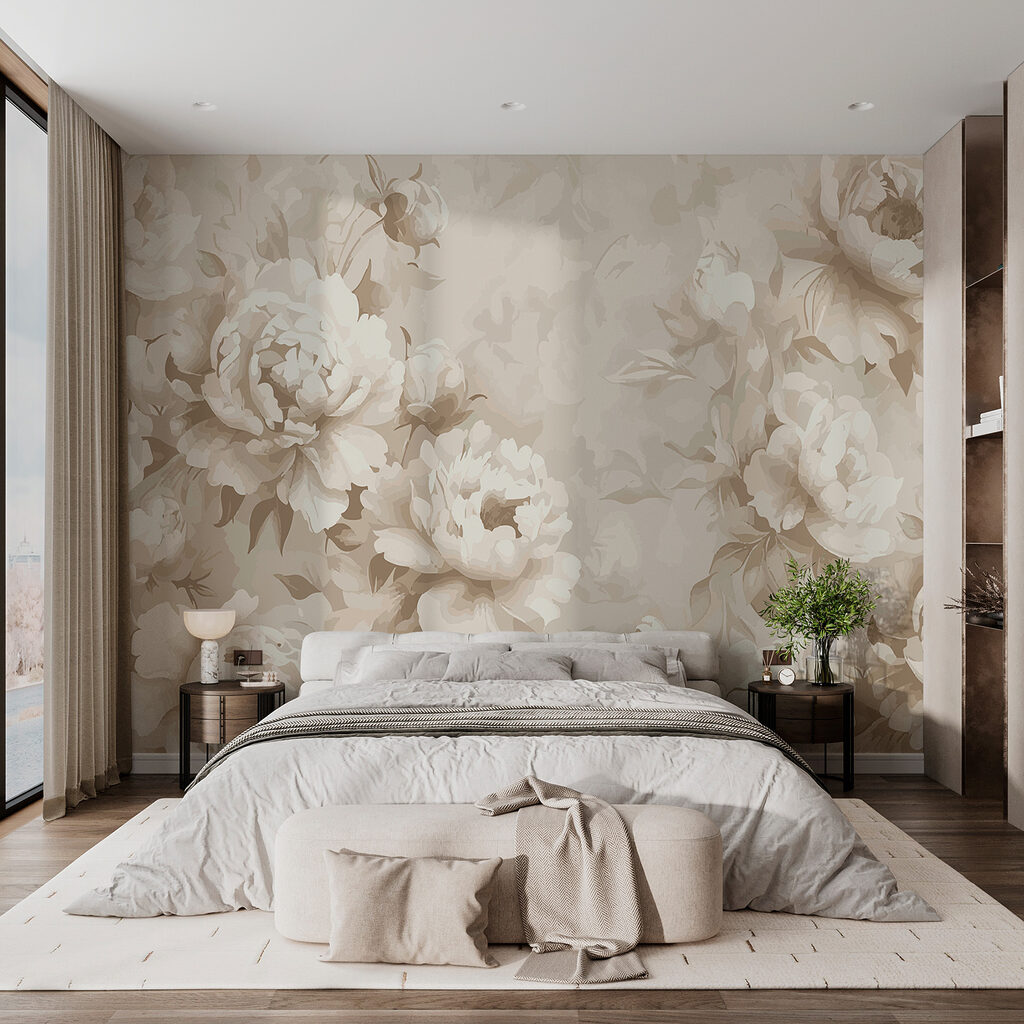 Witte bloementakken op zandkleur — interieur 2
