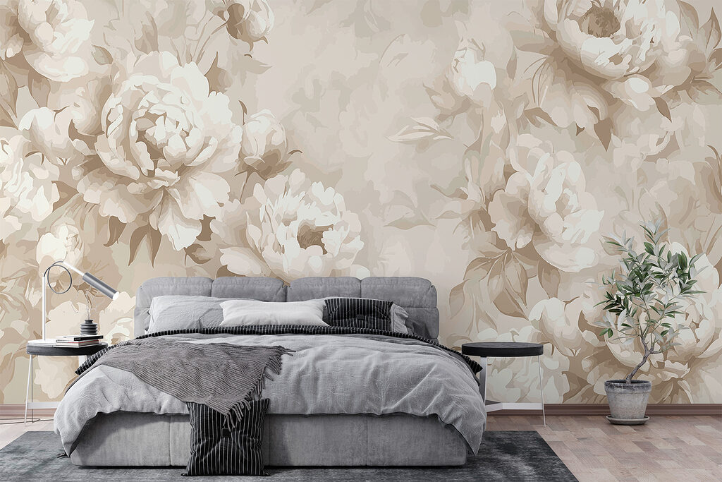 Witte bloementakken op zandkleur — interieur 3