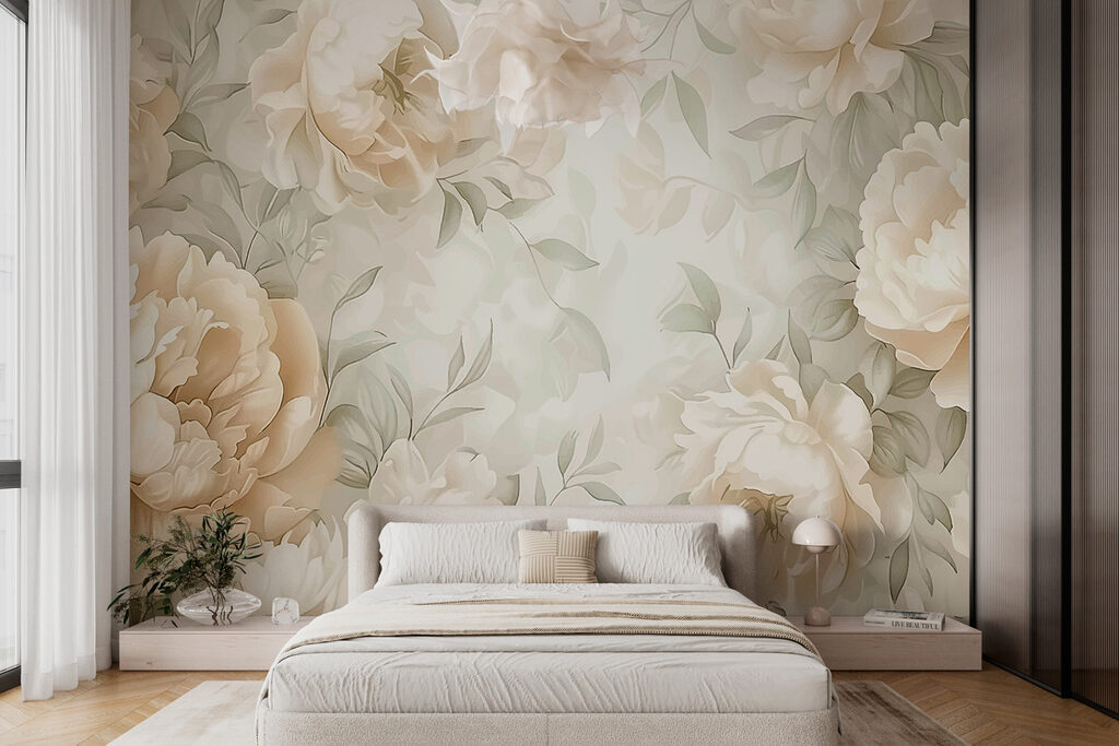 Pioenen als lichte bloemenprint — interieur 1