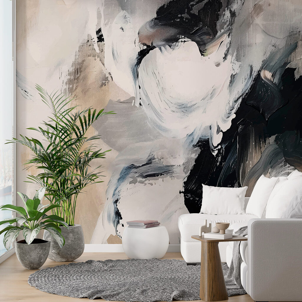 Abstracte wervelingen van monochrome kleuren in een interieur