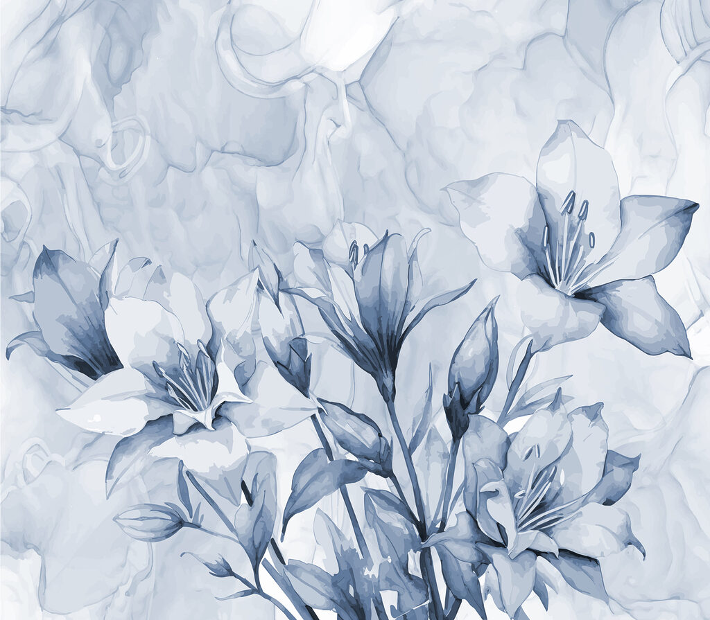 Blauwe bloemen boven marmerlijnen — volledig ontwerp