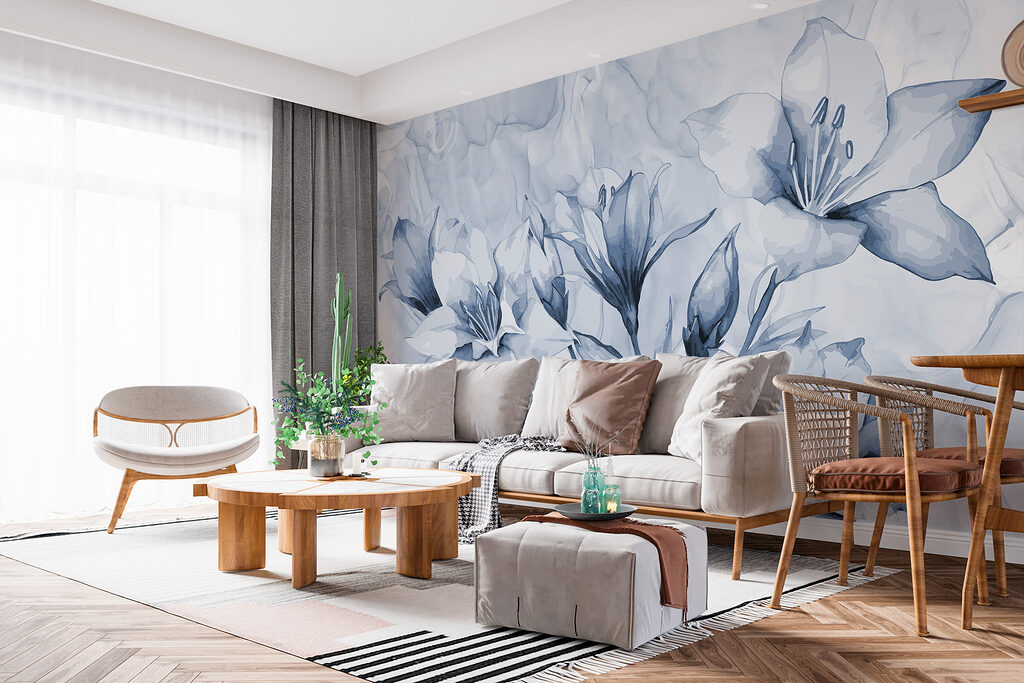 Blauwe bloemen boven marmerlijnen — interieur 1