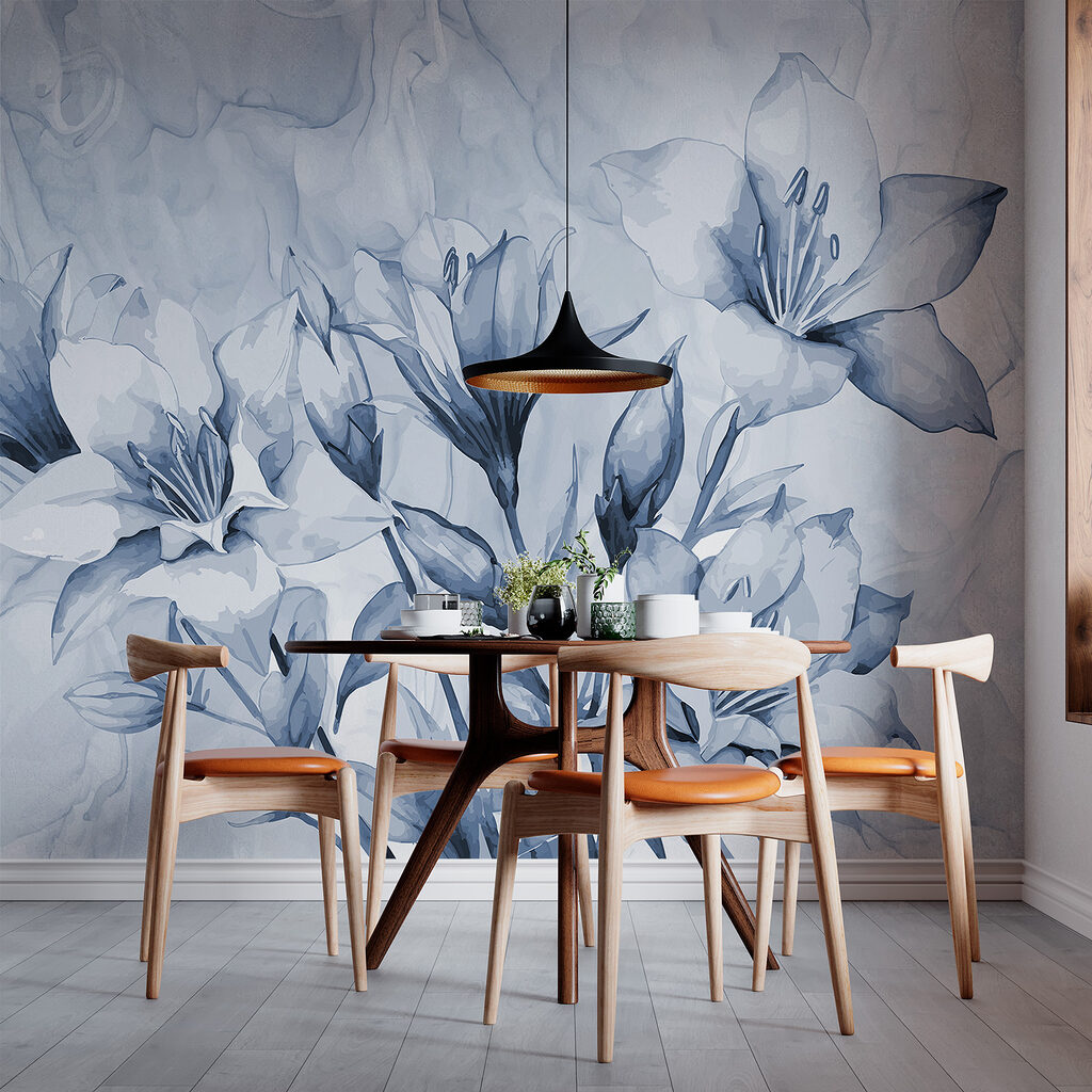 Blauwe bloemen boven marmerlijnen — interieur 2