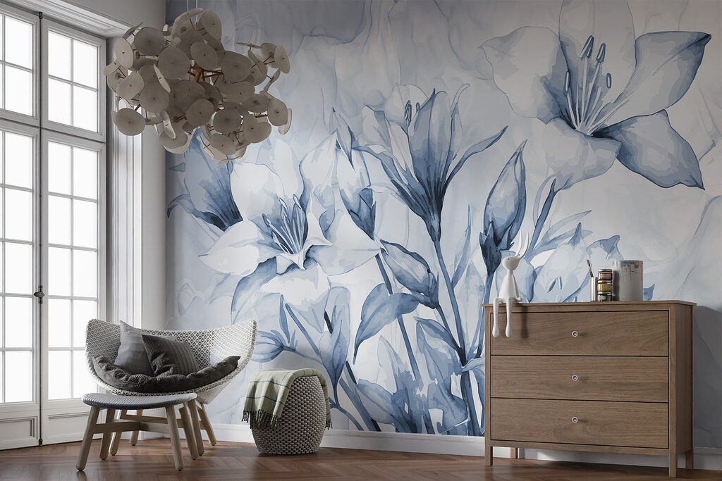 Blauwe bloemen boven marmerlijnen — interieur 3
