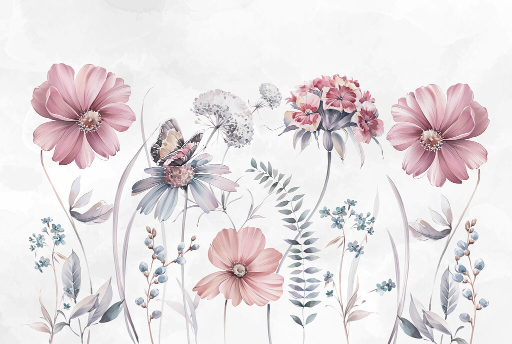 Roze veldbloemen met vlinder — volledig ontwerp