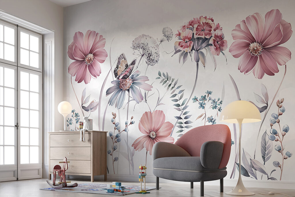 Roze veldbloemen met vlinder — interieur 3