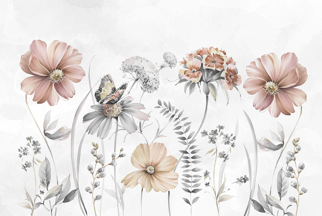 Verfijnde bloemen die dansen in zachte kleuren — volledig ontwerp