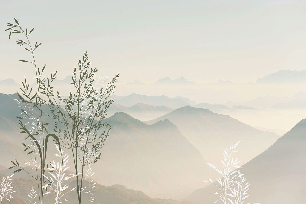 Een landschap met bergen en bomen — volledig ontwerp