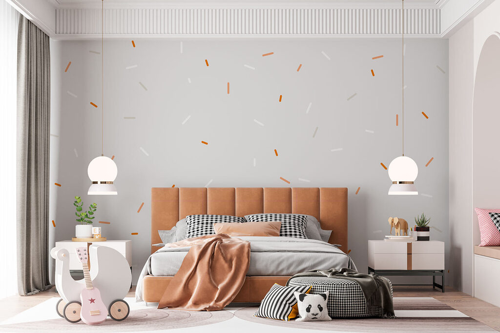 Een witte en oranje hagelslag op een grijze achtergrond in een interieur