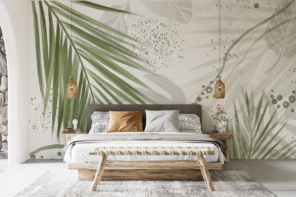 Tropische bladeren in subtiele tinten in een interieur