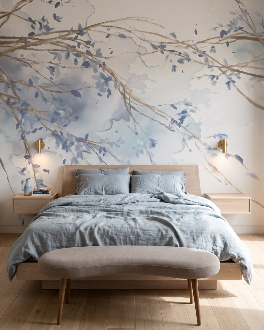 Aquarel van een boomtak met blauwe bladeren in een interieur