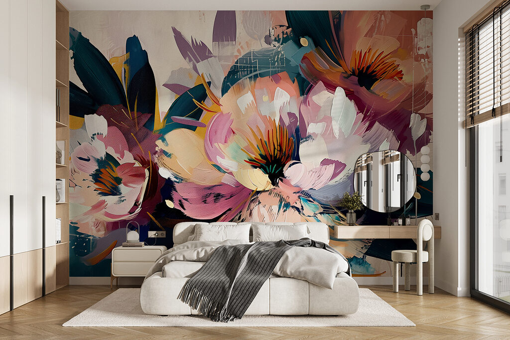 Een schilderij van bloemen in een interieur