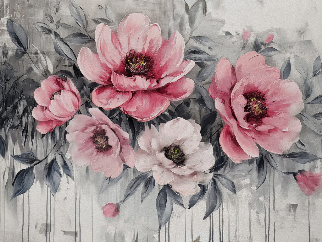 Roze bloemen boven verfdruppels — volledig ontwerp