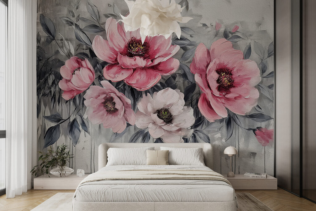 Roze bloemen boven verfdruppels — interieur 1
