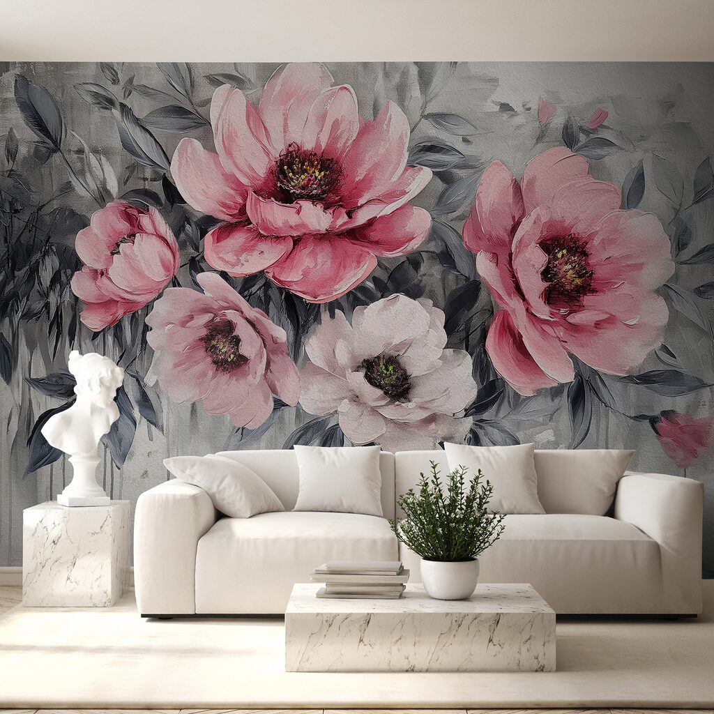 Roze bloemen boven verfdruppels — interieur 2