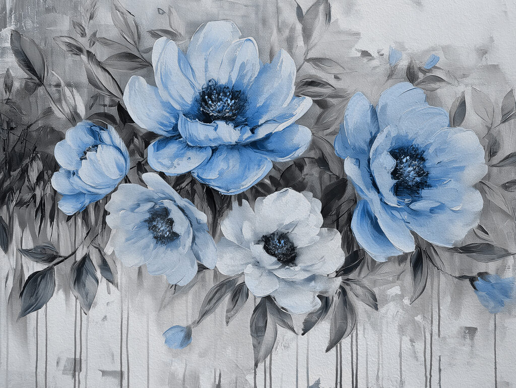 Een schilderij van blauwe bloemen — volledig ontwerp