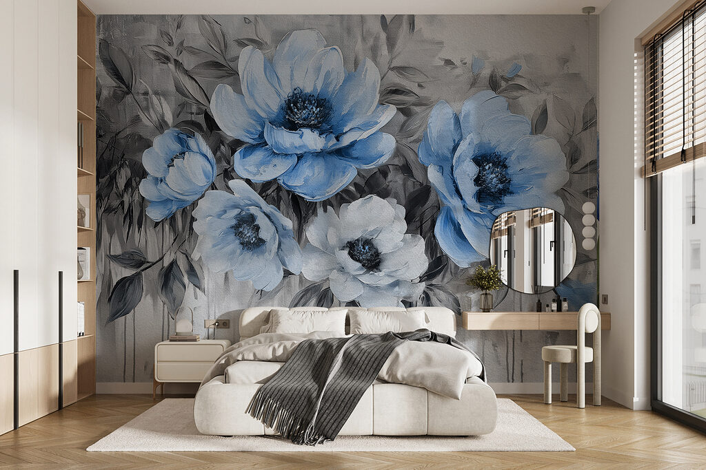 Een schilderij van blauwe bloemen — interieur 1