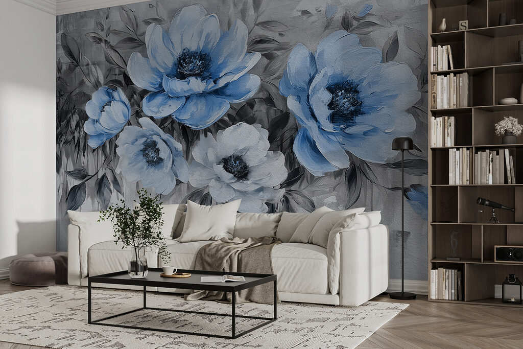 Een schilderij van blauwe bloemen — interieur 2