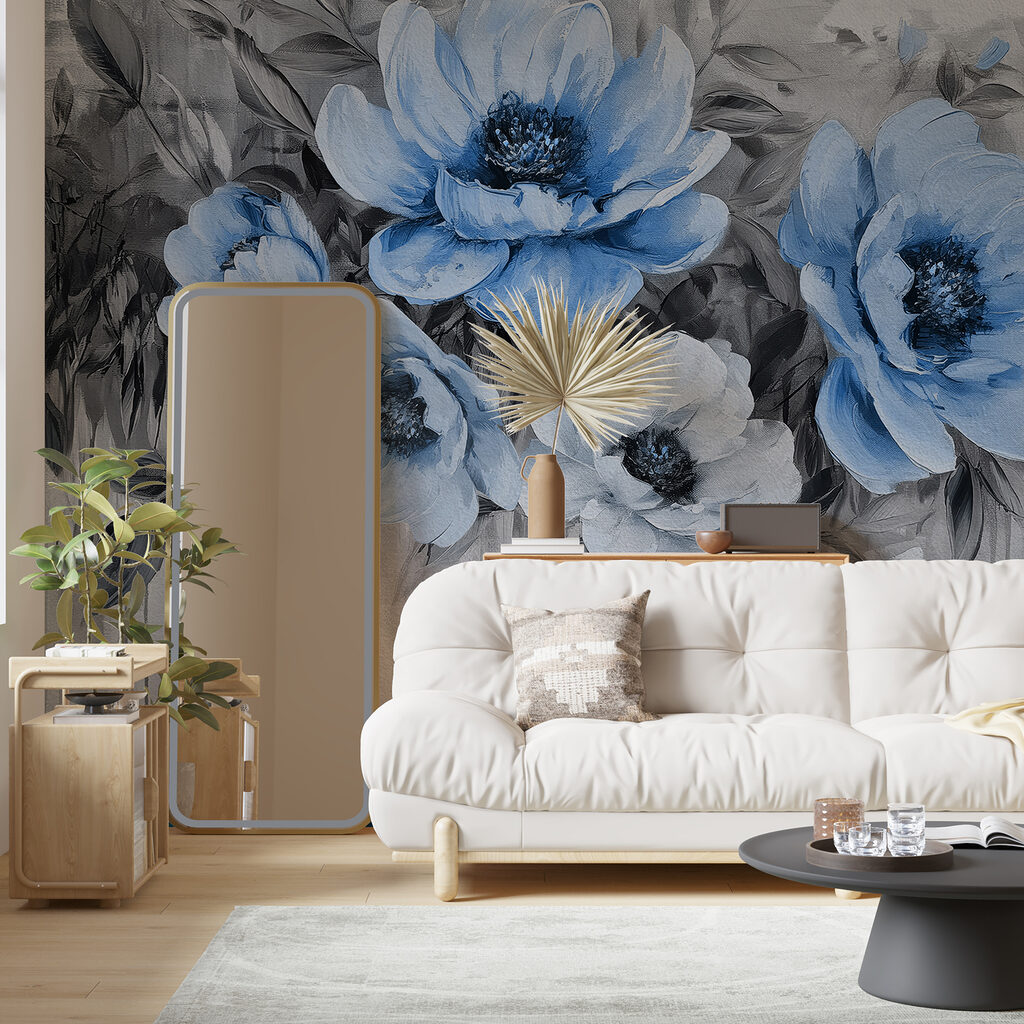 Een schilderij van blauwe bloemen — interieur 3
