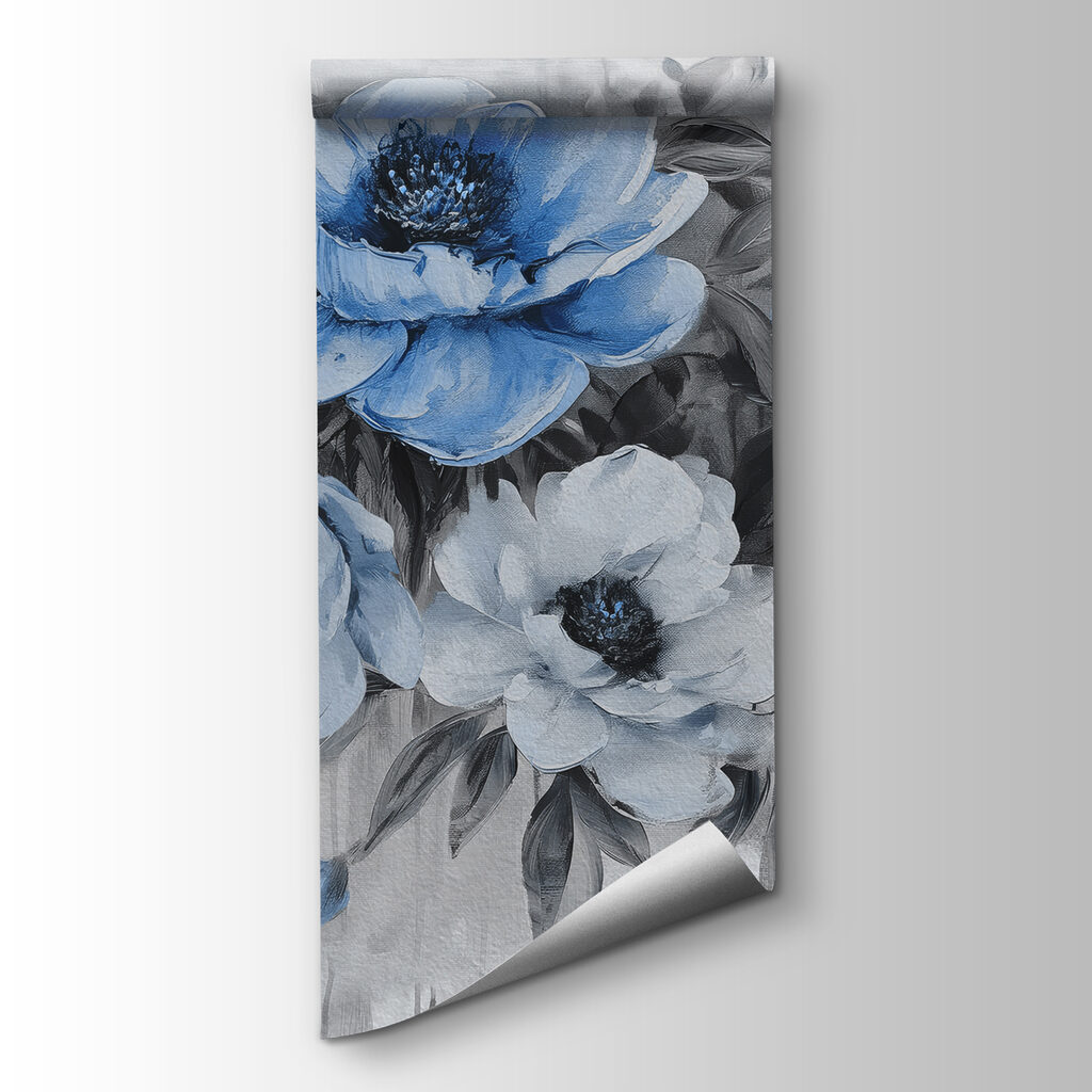 Een schilderij van blauwe bloemen — productweergave