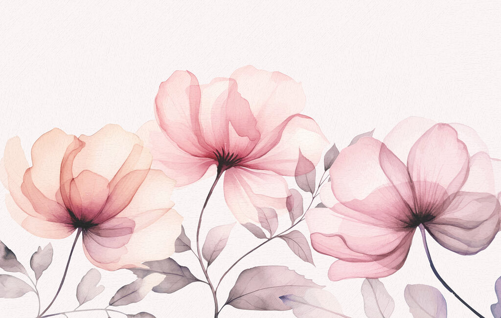 Drie bloemen, roze aquarel — volledig ontwerp