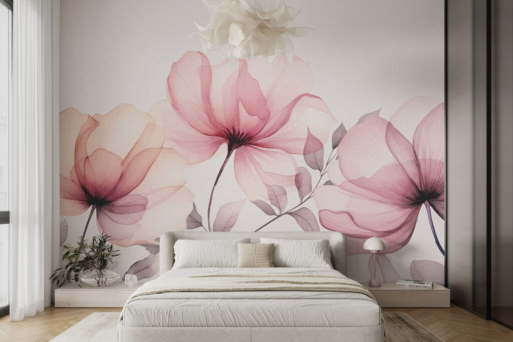 Drie bloemen, roze aquarel — interieur 1