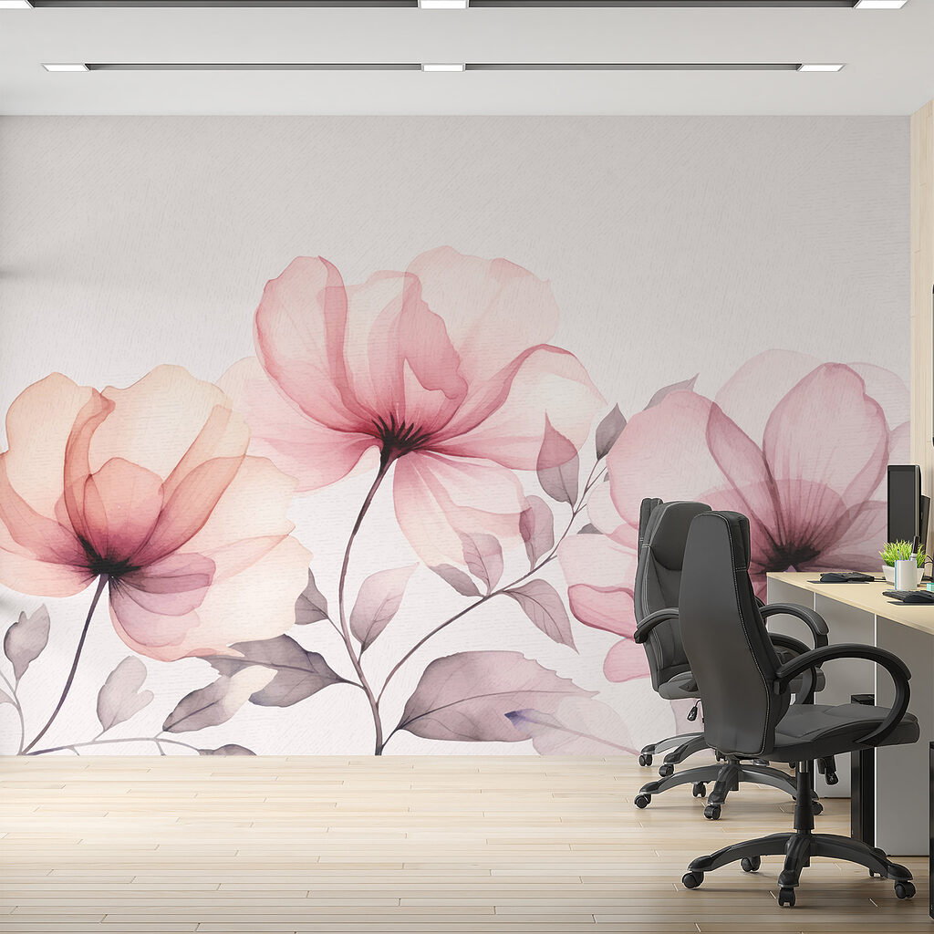 Drie bloemen, roze aquarel — interieur 2