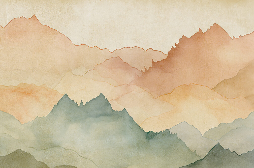 Bergcontouren in warme aquarel — volledig ontwerp