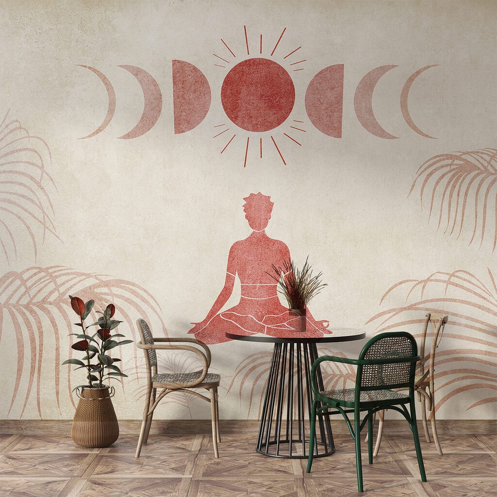 Persoon zittend in lotushouding met zon en palmbomen in een interieur