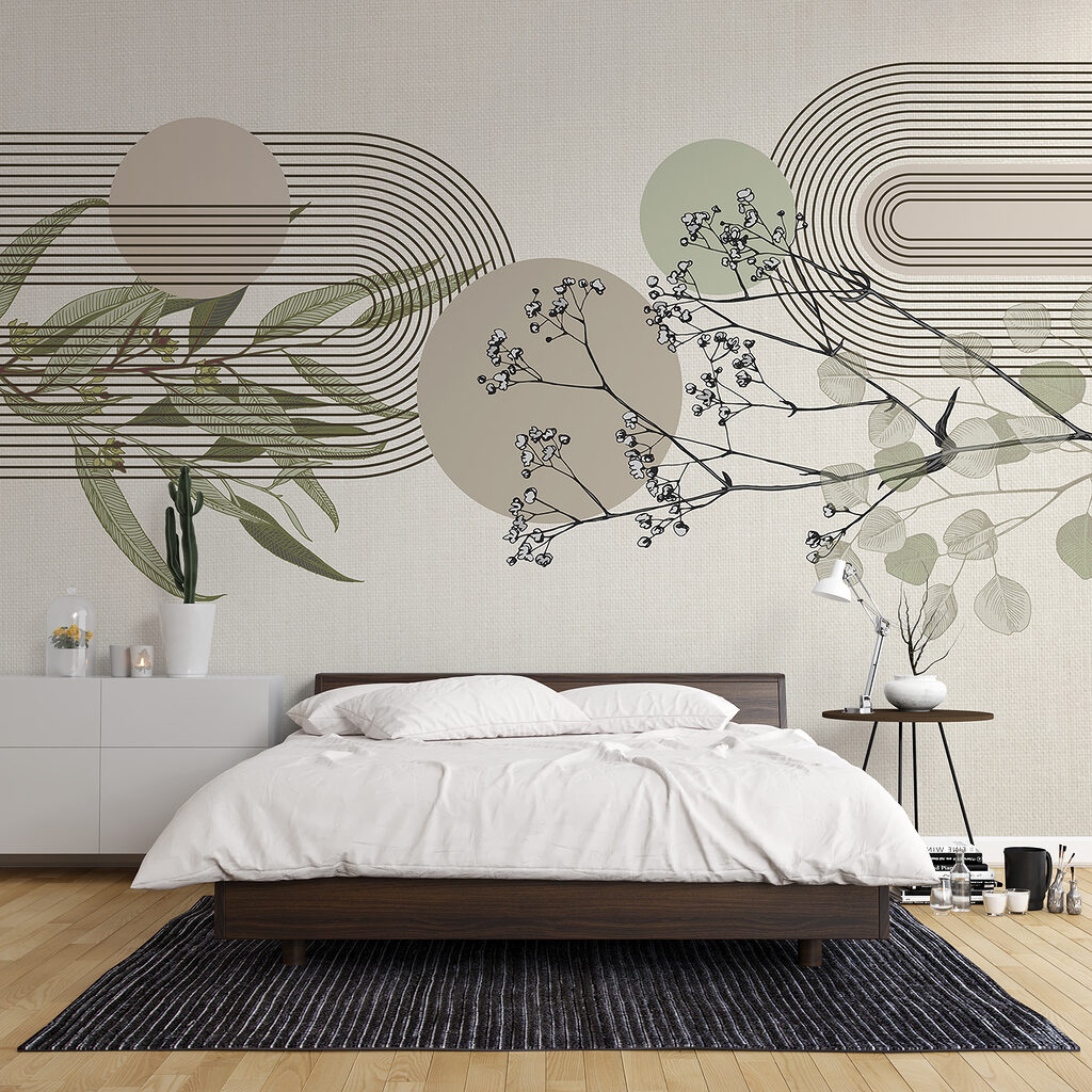 Botanisch ontwerp met abstracte elementen in een interieur