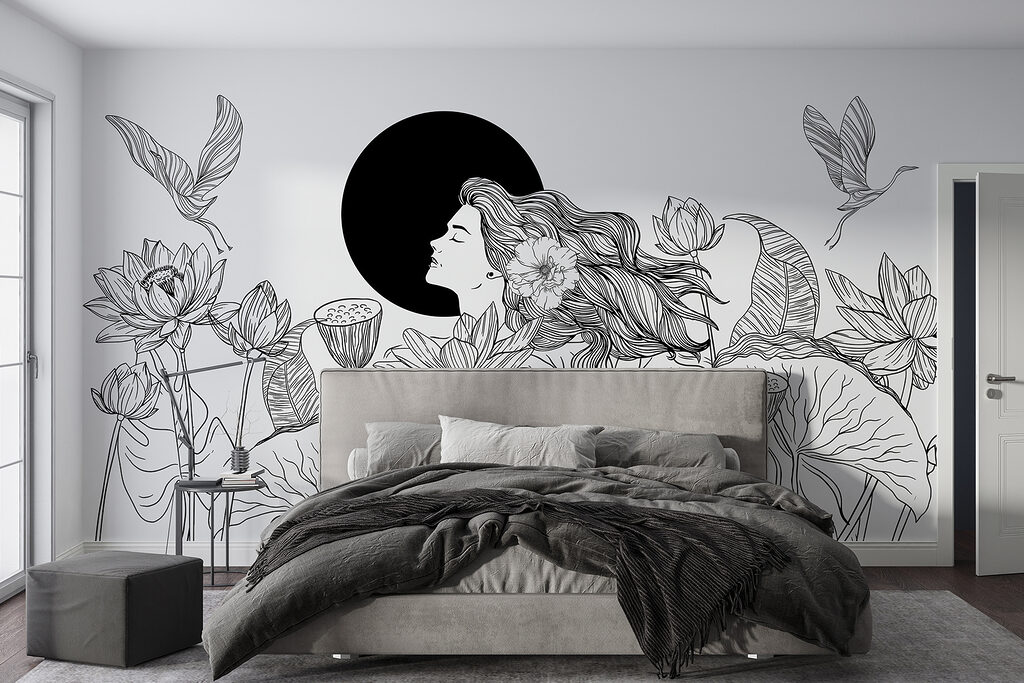 Vrouw tussen zwarte bloemlijnen — interieur 1